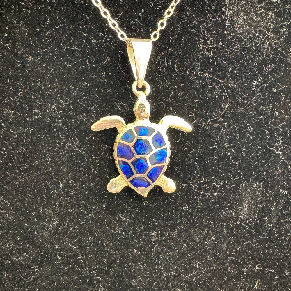 Blue colored opal and silver tone Turtle Pendant Necklace